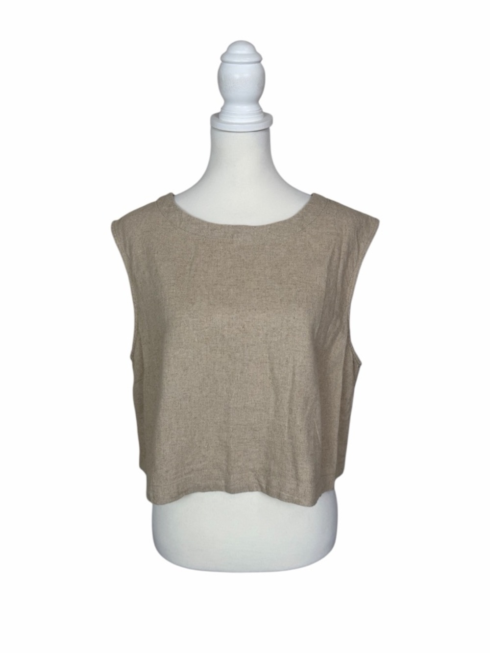 A New Day Linen Blend Crop Tank Top LRG Beige Sleeveless Button Back Minimalist
